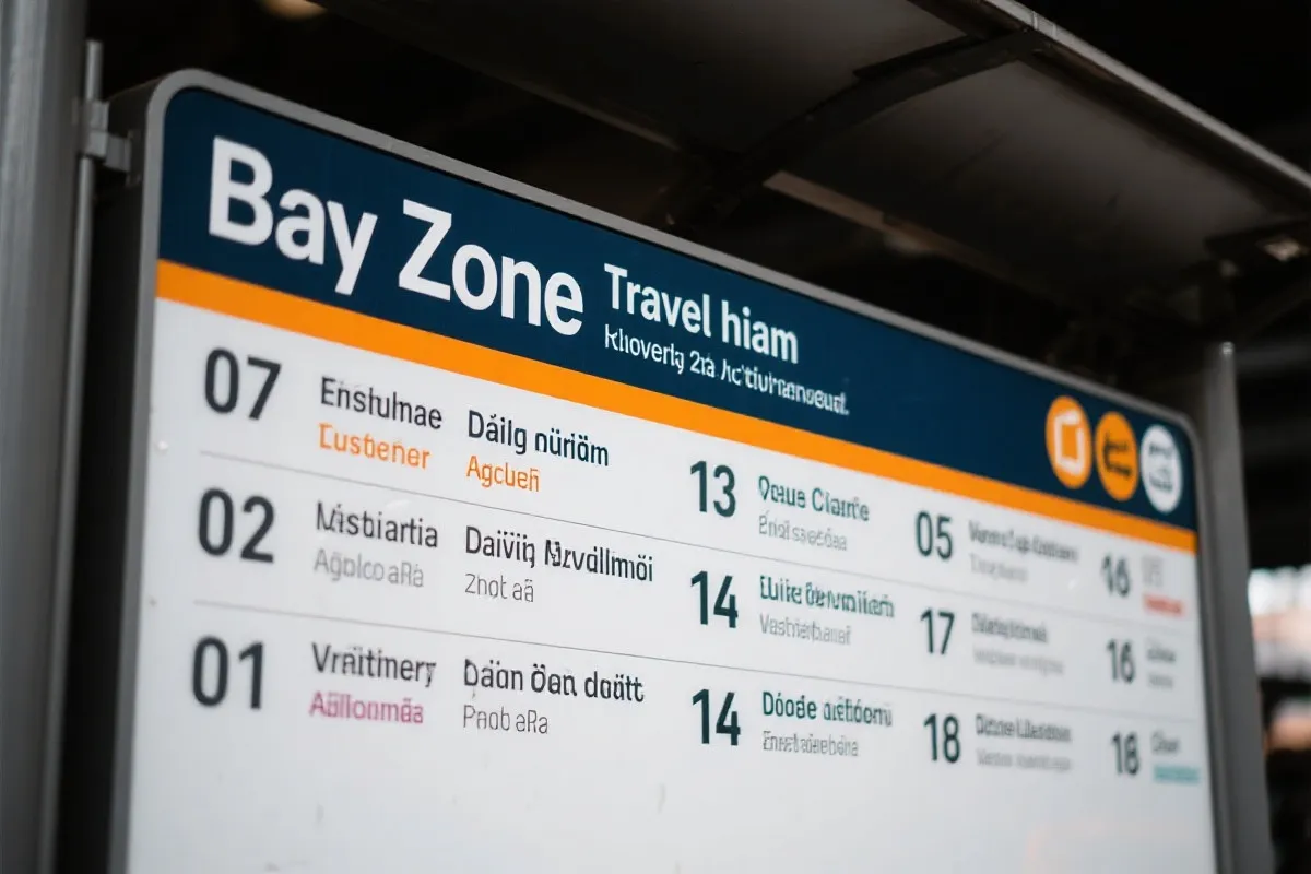 多语种交通公告牌与接驳车站点编号的清晰近景，纪实风格