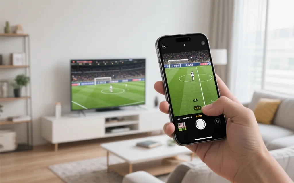 手机投屏到电视的操作示意，客厅环境，屏幕上是足球比赛直播