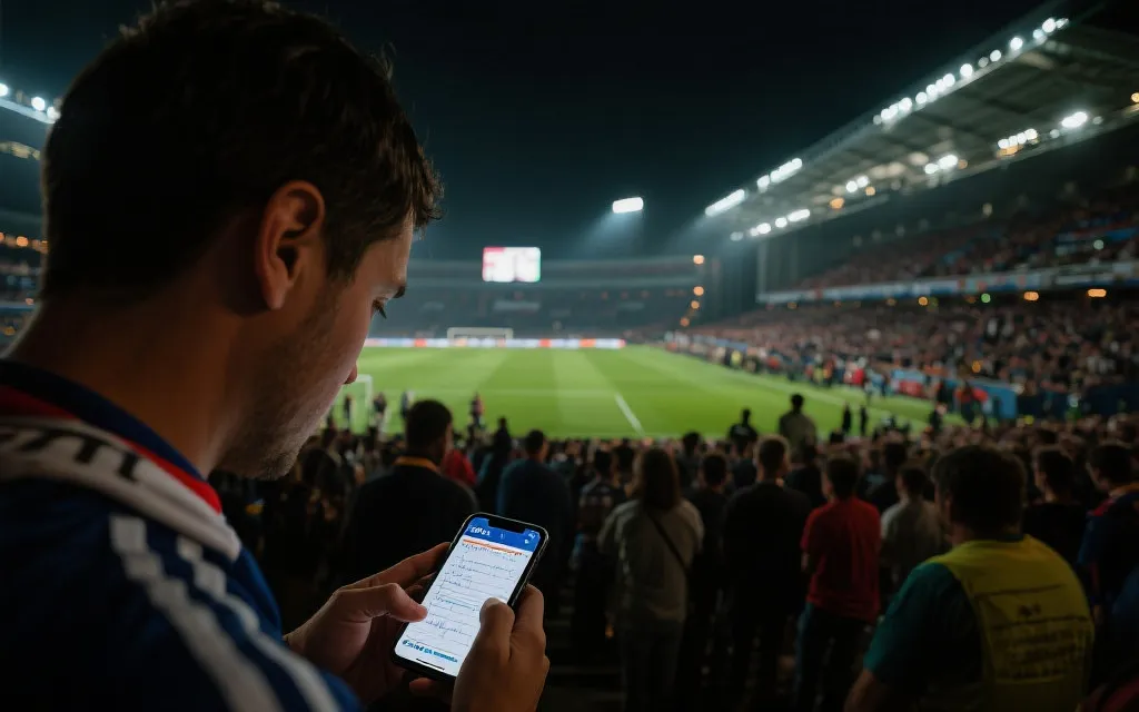 夜间球场氛围，球迷手持战术笔记与手机查看天气与赛程，准备观赛