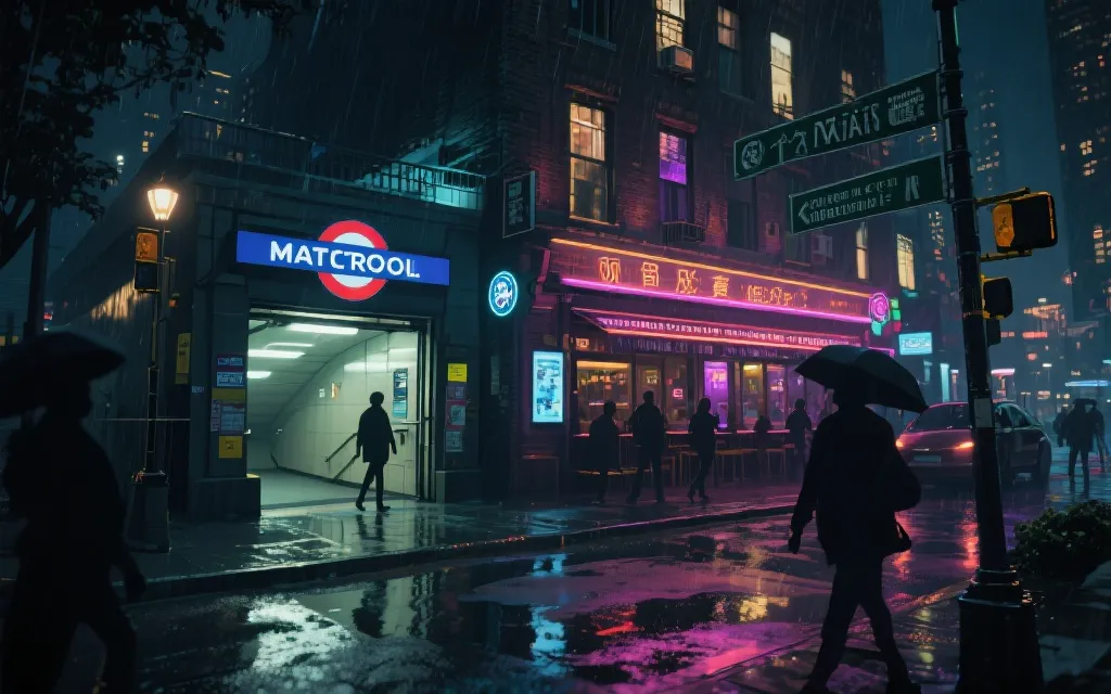 夜晚城市街区的世界杯观赛路线示意与行人氛围