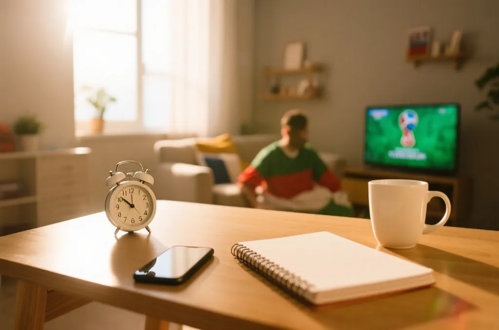 球迷在清晨和夜晚切换观赛节奏，桌上有时钟与笔记本